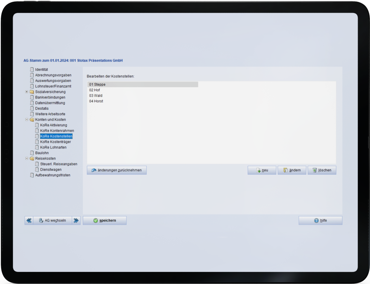 Screenshot: Mehrere Kostenstellen anlegen