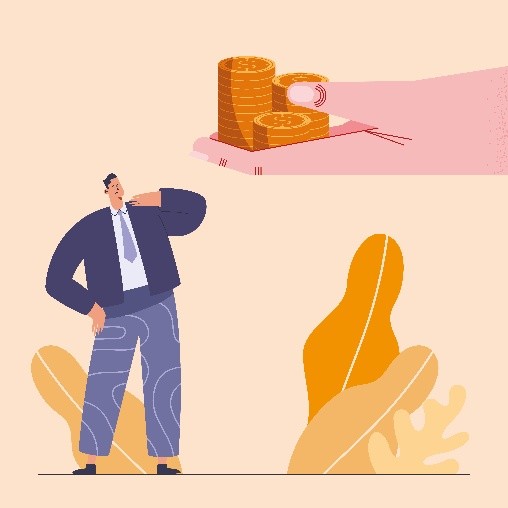 Illustration eines Geschäftsmannes, der auf eine große Hand mit Münzen blickt 