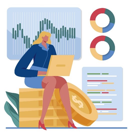 Grafisch dargestellte Person im Rock arbeitet mit Laptop an Finanz- und Datenanalysen, dargestellt mit Diagrammen und Münzstapeln 