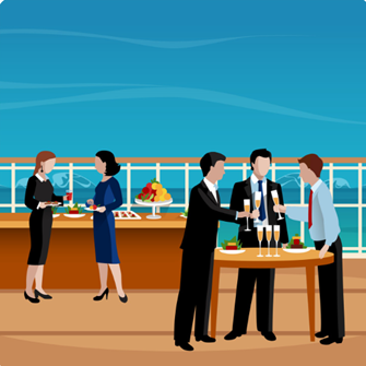 Grafisch dargestellt sind mehrere Personen, die an Stehtischen stehen und sich bei Getränken unterhalten, im Hintergrund das Meer.