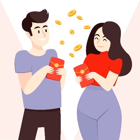  Illustration eines Mannes und einer Frau, die sich gegenüberstehen und jeweils einen roten Geldumschlag halten, mit Münzen zwischen ihnen 