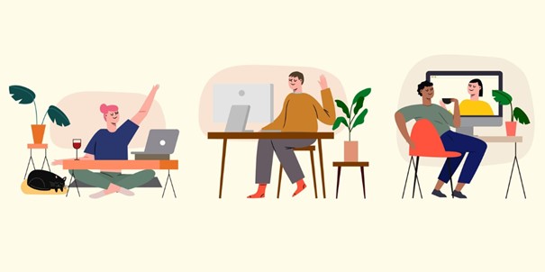 Illustration von drei Personen an getrennten Computerarbeitsplätzen mit digitaler Kommunikation 
