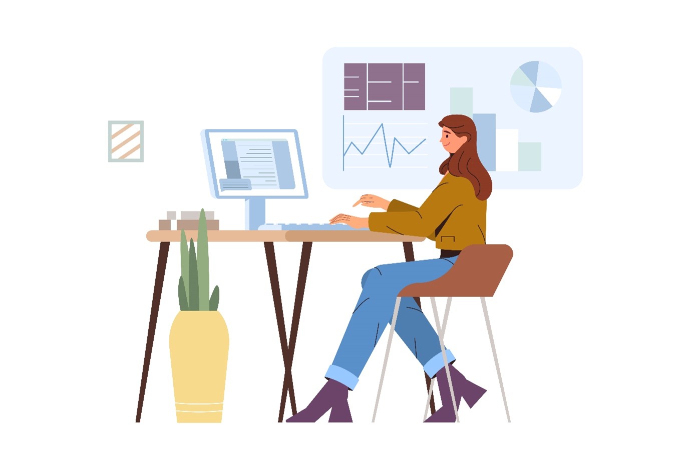 Frau arbeitet am Computer mit Diagrammen und Daten-Dashboard im Hintergrund.