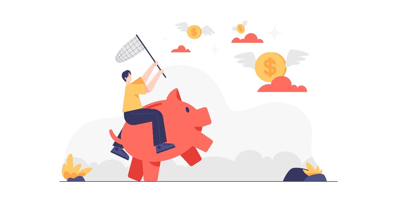 Illustration einer Person, die auf einem Sparschwein sitzt und mit einem Kescher nach fliegenden Münzen greift 