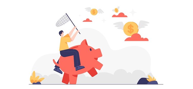 Illustration einer Person, die auf einem Sparschwein sitzt und mit einem Kescher nach fliegenden Münzen greift 