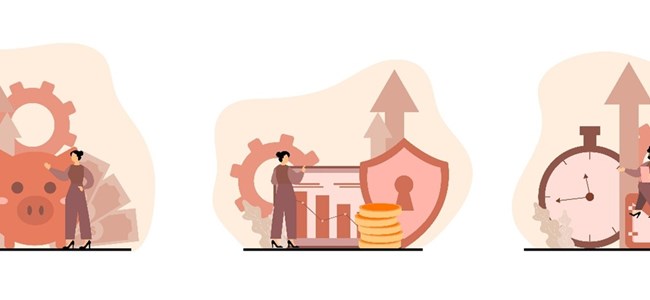 Grafik mit drei verschiedenen Darstellungen einer Frau vor Wirtschafts-Icons.