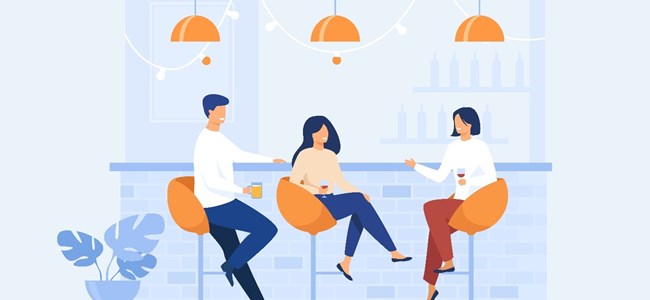 Grafische Darstellung von zwei Frauen und einem Mann an einer Bar auf Hockern.