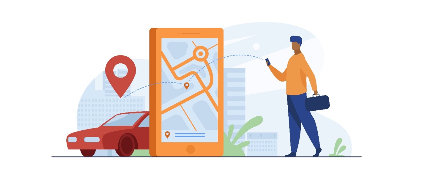  Grafik einer Person mit orange-farbenem Pullover und Aktentasche, die an einem Auto steht und sich über ein Gerät für die Fahrt registriert
