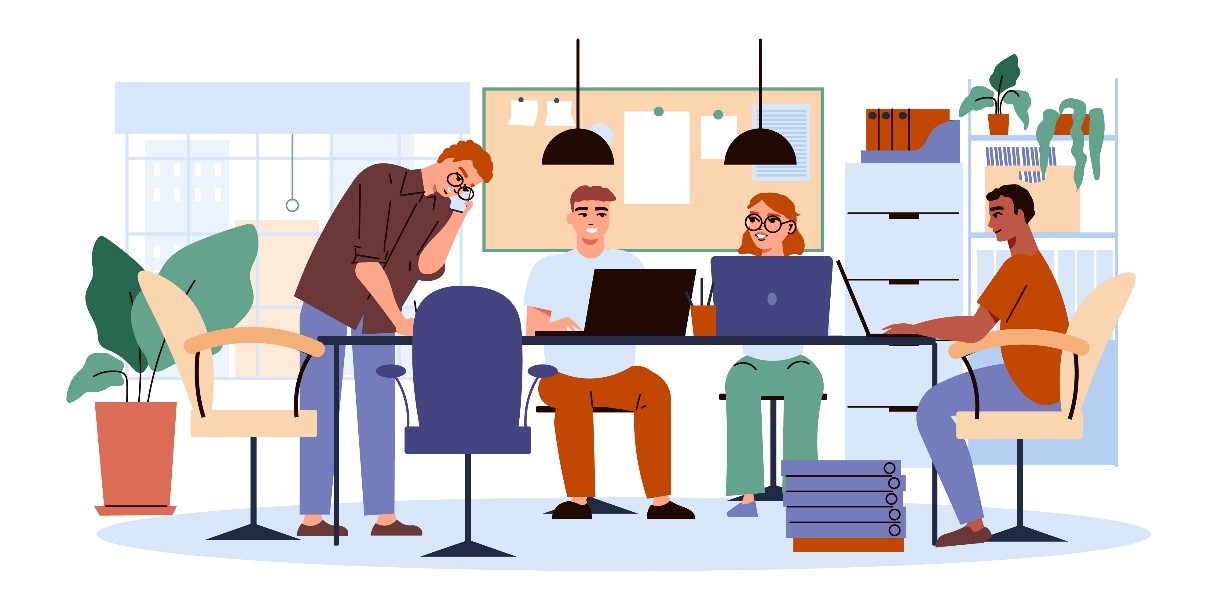 Illustration einer Arbeitsgruppe im Büro mit vier Personen, Laptops, Aktenordnern und Pflanzen