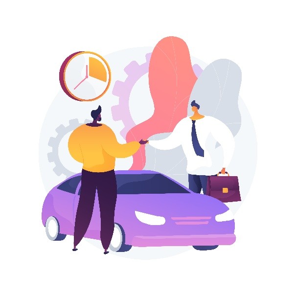 Grafik mit zwei Personen, die sich über ein lilafarbenes Auto hinweg die Hand schütteln.