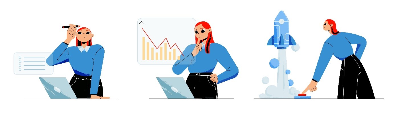 Drei Szenen mit einer Frau am Laptop: Ideenentwicklung, Datenanalyse und Projektstart mit Raketenstart-Symbol. 