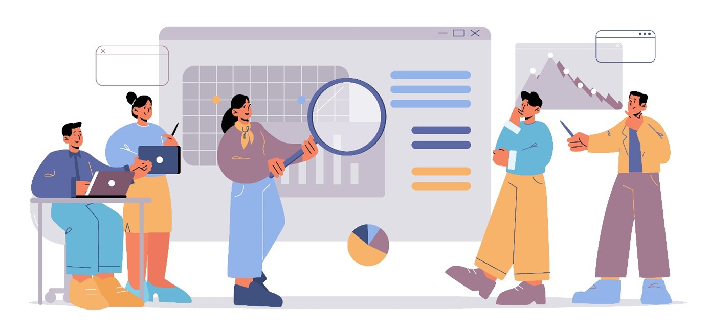 Illustration von Mitarbeitenden bei Datenanalyse mit Dashboard, Diagrammen und Kreisgrafik 